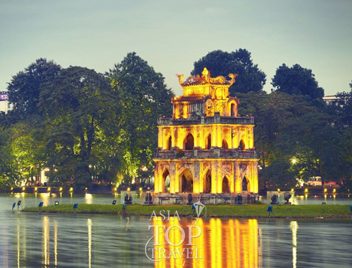 Turtle tower in the middle of Hoan Kiem lake in Hanoi